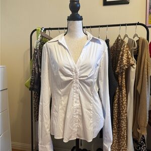 Tahari White Ruched Long Sleeve Button Down Shirt